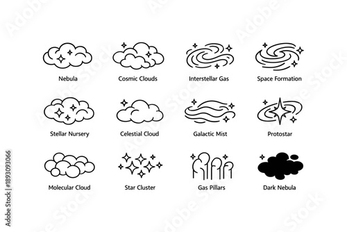 Outline astronomy icons: nebula, cosmic clouds, and galactic formations