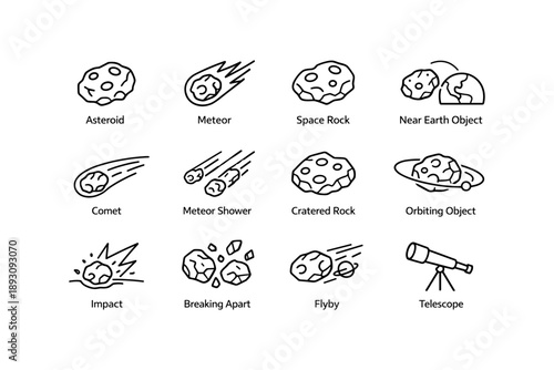 Asteroid icons: meteor, comet, space, cratered object illustrations