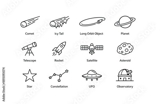 Space exploration icons: comet, asteroid, telescope, rocket, ufo