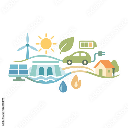 Eco-friendly energy solutions in a vibrant illustration