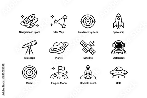 Space exploration icons featuring spaceship, astronaut, ufo, satellite, telescope