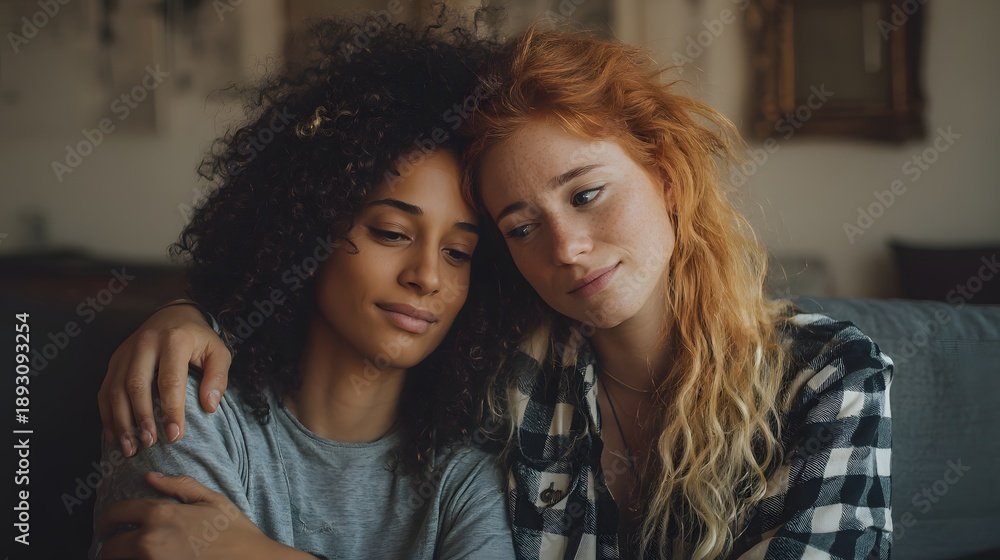 Fototapeta premium Two women are hugging each other on a couch