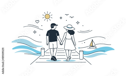Seaside Love Walk. Romantic seaside moment. An abstract yet warm scene of a couple walking hand-in-hand on a pier, with flowing wave shapes and soft motion