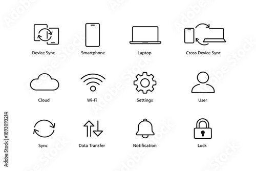 Technology icons for device sync, smartphone, laptop, cloud, wi-fi, settings, user, sync, data transfer, notification, lock