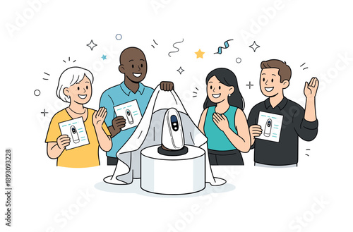 Smart Skincare Launch. Anti-aging skincare tech launch. A joyful scene of a diverse group unveiling a new smart wrinkle-reduction gadget on a pedestal with