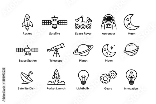 Space exploration icons featuring rockets, satellites, and astronauts