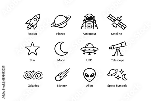 Space exploration icons: rocket, planet, astronaut, satellite, star, moon, ufo, telescope, alien, meteor