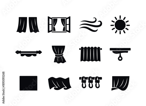Airy Curtain Icons. Airy Home Curtains. Solid icon set of Airy Home Curtains: lightweight curtain, open window, airflow lines, sunlight rays, curtain rod,