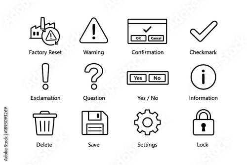 User interface icons: factory reset, warning, confirmation, checkmark, exclamation, question, yes/no, information, delete, save, settings, lock