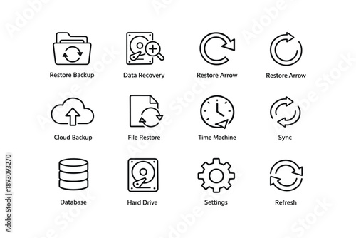 Set of line icons for data management and system settings
