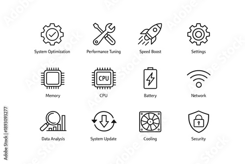 System optimization icons: performance, network, security, cpu, battery, data analysis