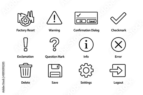 Factory reset and system utility icons: settings, error, checkmark, save, and more
