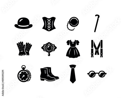 Vintage Fashion Icons. Vintage Fashion. Solid icon set of Vintage Fashion: bowler hat, corset, monocle, walking cane, lace gloves, brooch pin, vintage dress,