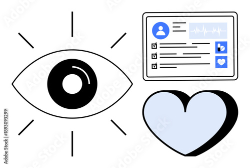 Digital health, medical records, vision care, wellness monitoring, healthcare applications, patient data. Eye and heart graphics along with a health dashboard. Digital health and medical records