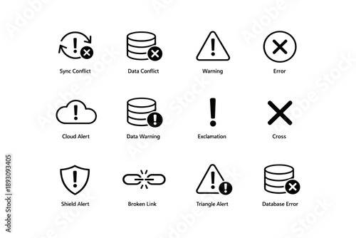 Collection of error icons and symbols for alerts and warnings