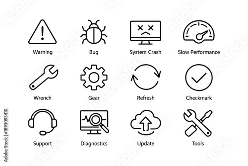 Technology icon set: warning, bug, system crash, slow performance, tools