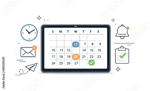 Modern Digital Calendar. Digital business calendar. A modern editorial composition with a tablet displaying a calendar app, highlighted dates and gentle