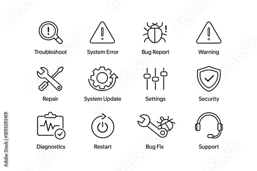 Tech support icons: troubleshoot, system error, bug report, warning, security, repair
