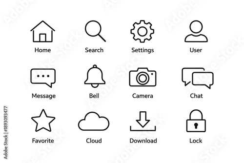 Set of 12 minimalist black line icons for digital interfaces
