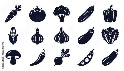 Vegetables icon set. Glyph black silhouettes - carrot, tomato, broccoli, cucumber, bell pepper, corn, onion, garlic, eggplant, lettuce, chili, zucchini. Flat vector pictograms