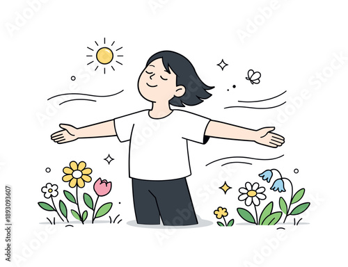 Spring Positive Energy. Positive energy spring concept. A light editorial scene with a simple character enjoying fresh spring air, surrounded by flowers and
