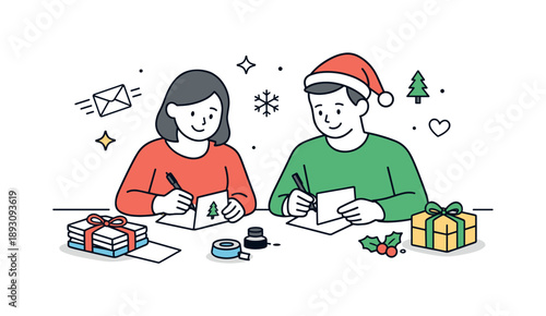Holiday Card Collaboration. Writing holiday cards together. Two people sitting side by side preparing cards, friendly collaboration and shared