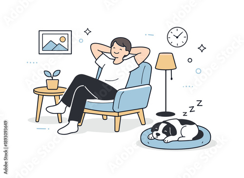 Cozy Pet Companionship. Pets in home environments. A person relaxing on a chair with a pet sleeping nearby, creating a shared sense of calm and safety. The