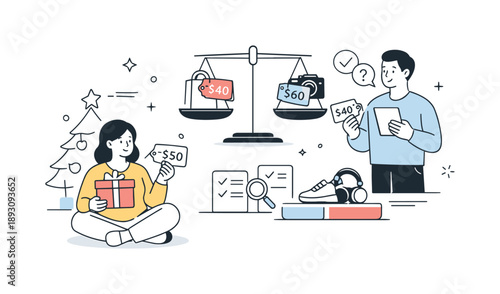 Holiday Shopping Simplified. Seasonal consumer habits. Comparing products and prices during holiday sales, calm decision-making without stress. Minimal retail