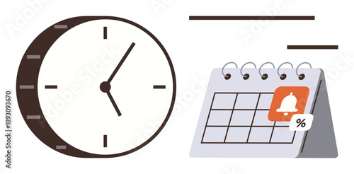 Time management, scheduling, reminders, productivity, deadlines, planning. A clock next to a calendar with a notification symbol. Time management and scheduling concept for productivity