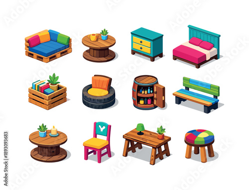 Upcycled Furniture Icons. Upcycled furniture. Colorful isometric vector icons set of Upcycled furniture: pallet couch, spool coffee table, refurbished dresser,