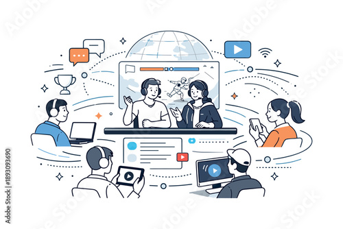 Esports Tournament Broadcast. Online esports tournament coverage. Casters narrating gameplay while viewers watch on multiple screens, highlighting global