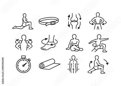Fitness Icon Set. Mobility training. Line icon set of Mobility training: person lunging stretch, stretching strap, joint mobility arrows, hip rotation,