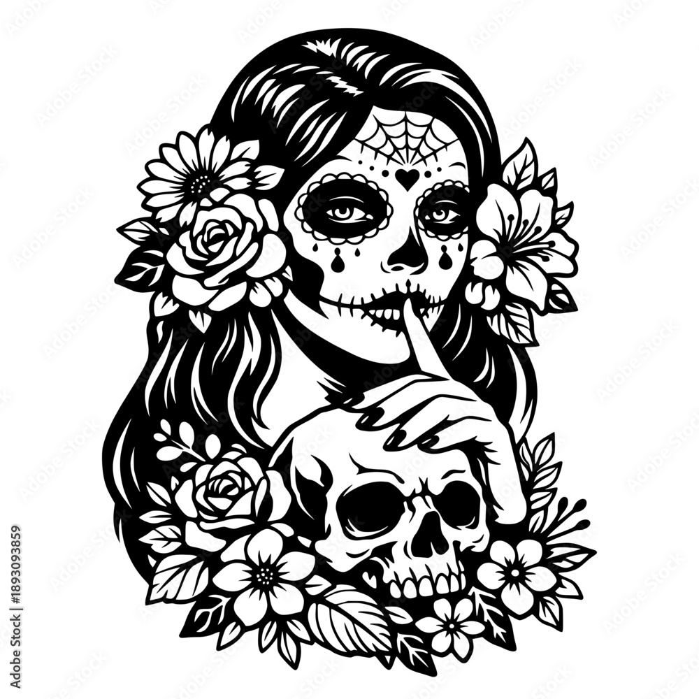 Fototapeta premium Beautiful Day of the Dead Sugar Skull Woman Portrait with Floral Crown and Roses, Mexican Catrina Girl Holding Skull Vector Illustration, Gothic Halloween Design Element