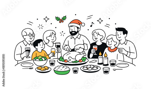 Festive Family Gathering. Holiday celebration around table. Family and friends gathered around a dining table with festive dishes, calm joy and warm