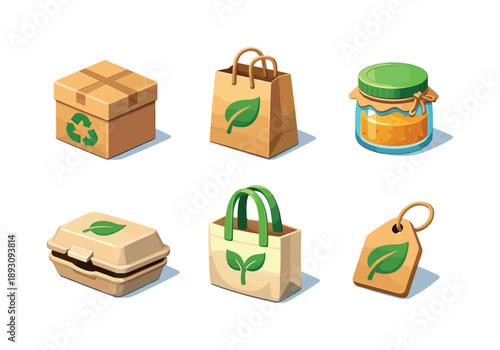 Eco Packaging Icons. Eco-friendly packaging. Isometric flat vector icons set of Eco-friendly packaging: recycled cardboard box, biodegradable paper bag, glass