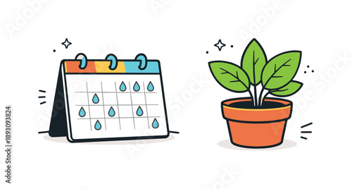 Plant Care Schedule. Plant health tips. A simple calendar and plant pot shown together, with small water-drop icons marking a care schedule. The illustration