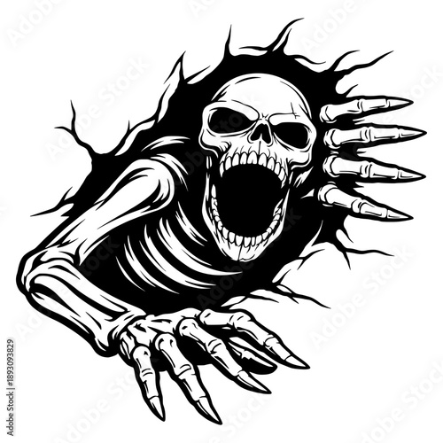 Spooky Skeleton Crashing Through Wall Vector Illustration - Creepy Grim Reaper Bone Hand Emerging from Cracked Hole - Halloween Horror Design Element for Decals