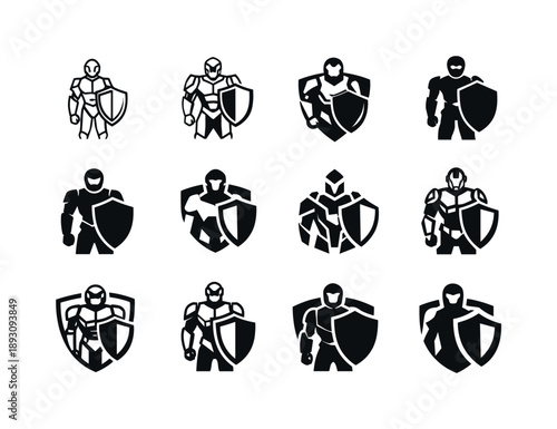 AI Security Icons. AI security patrols. Icon set. Set Logo of AI security patrols: humanoid robot guard standing alert. harmonious logo variations of the same
