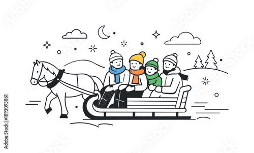 Winter Sleigh Adventure. Group enjoying sleigh ride. People sitting together on a sleigh pulled through a snowy landscape, calm winter joy and shared seasonal
