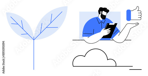 Sustainability, digital communication, environmental awareness, eco-friendly solutions, social media, growth. A leaf, a person holding a tablet and a cloud with a thumbs-up. Sustainability