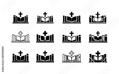 Theology Logo Variations. theology books. Icon set. Set Logo of theology books: theological library shelf. harmonious logo variations of the same emblematic