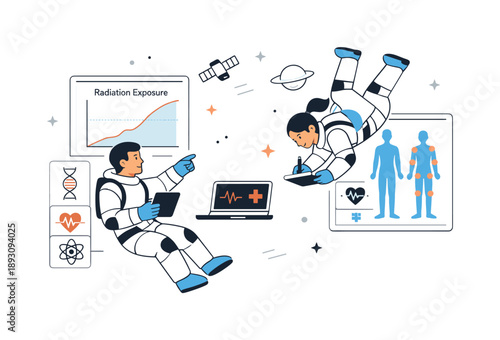 Space Health Analysis. Space health research in orbit. Astronauts observe radiation charts and simplified human silhouettes, calmly analyzing long-term effects