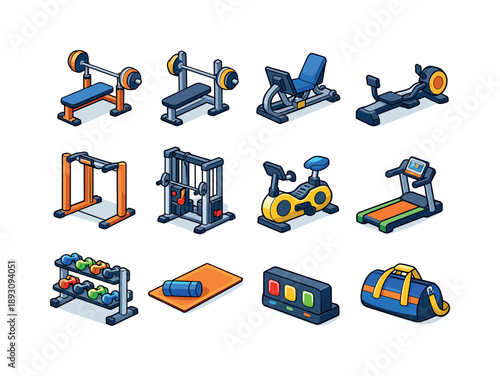 Colorful Gym Icons Grid. Gym Circuit. Colorful isometric vector icons set of Gym Circuit: weight bench, barbell station, leg press, rowing machine, pull up