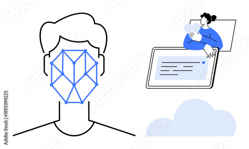 Facial recognition concept. Facial recognition technology for authentication and data security in modern applications. Explore facial recognition in cloud systems and secure digital devices