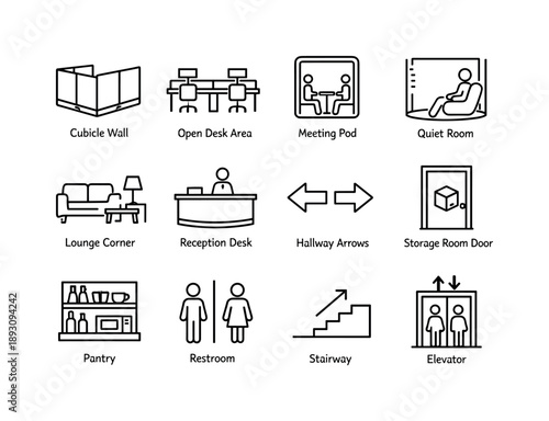 Office Layout Icons. Office Layout Elements. Line icon set of Office Layout Elements: cubicle wall, open desk area, meeting pod, quiet room, lounge corner,