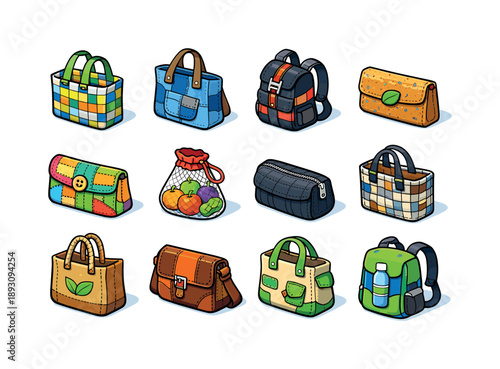 Colorful Recycled Bag Icons. Recycled bags. Colorful isometric vector icons set of recycled bags: plastic-weave tote, denim patch bag, seatbelt-material
