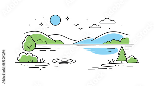 Tranquil Lakeside Reflection. Lakeside landscape. A quiet lake surrounded by simple hills and trees, smooth water surface reflecting the sky. Calm atmosphere