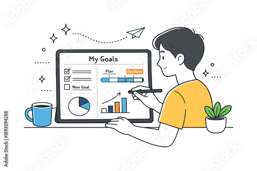 Digital Goal Planning. Goal setting digital planning. A person working on a tablet with goals, timelines, and simple charts. Modern planning process and calm