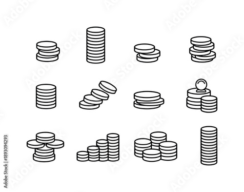 Coin Stack Icons. Coin Stack. Line icon set of Coin Stack: stacked coins, tall coin pile, short coin stack, uneven coins, aligned stack, falling coin stack,