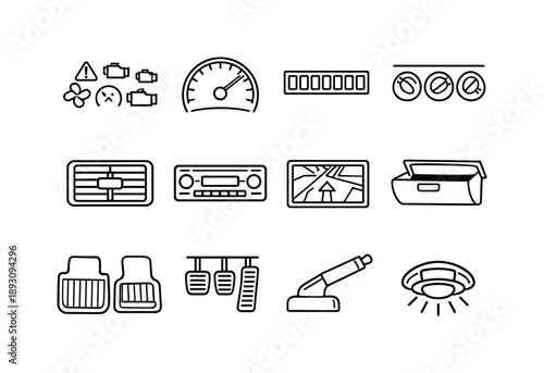 Vehicle Inspection Icons. Vehicle Interior Inspection. Line icon set of Vehicle Interior Inspection: dashboard lights, speedometer, odometer, climate controls,